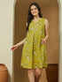 Janasya Women's Olive Green Pure Cotton Abstract Printed A-line Dress